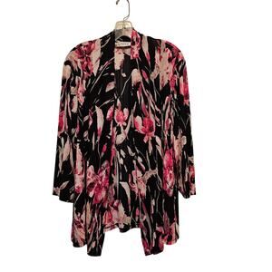 Kasper Lightweight Jacket Black Pink Floral 2X Semi Sheer Textured Plus Feminine